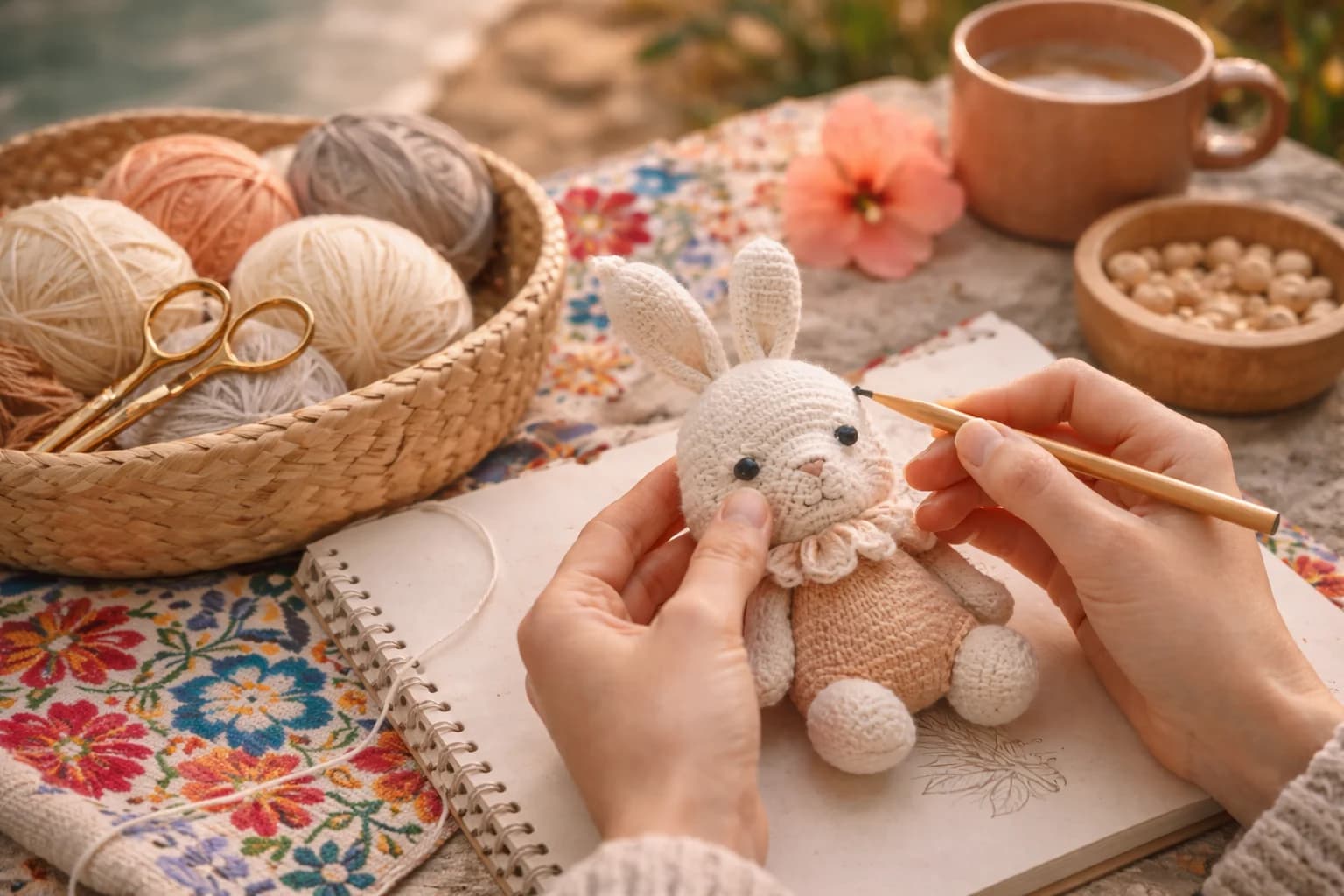 Proceso de tejido manual en mesa de trabajo